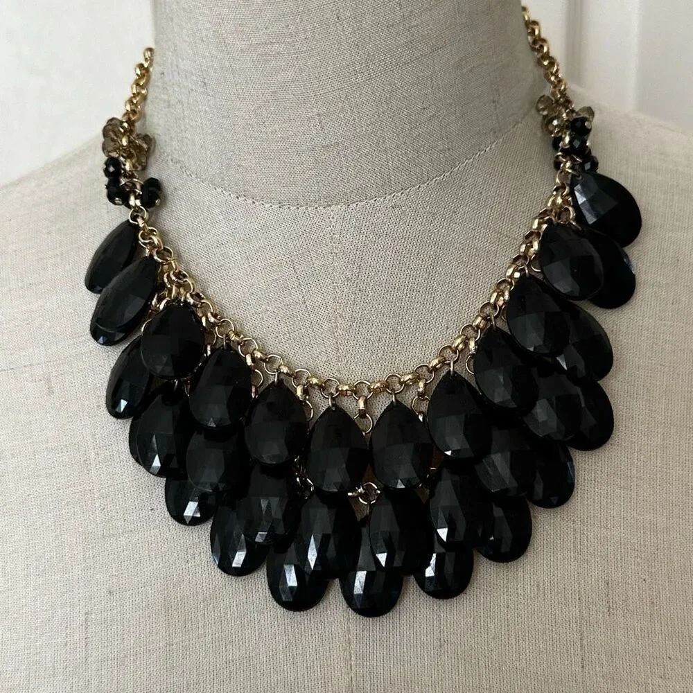 Black beaded layered statement necklace